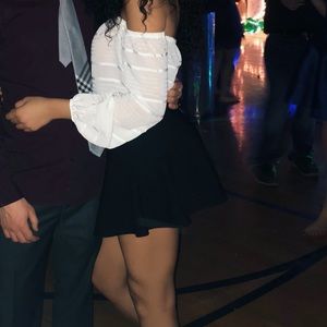 Off the shoulder white top + black skater skirt